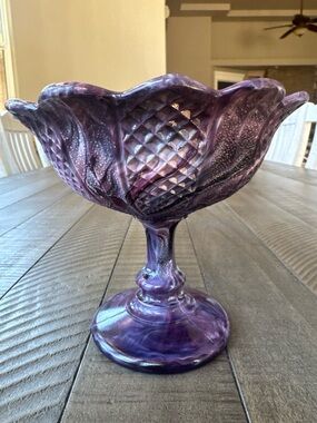 Vintage Slag Purple Glass Compote Scalloped Pedestal Bowl - Elevated Dish
